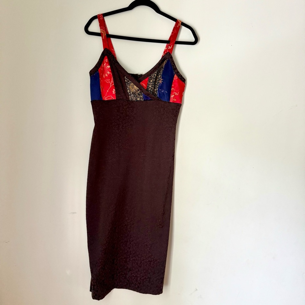 Y2K 90s Satin Brocade Spaghetti Strap Bodycon Dress - Vintage Made in USA